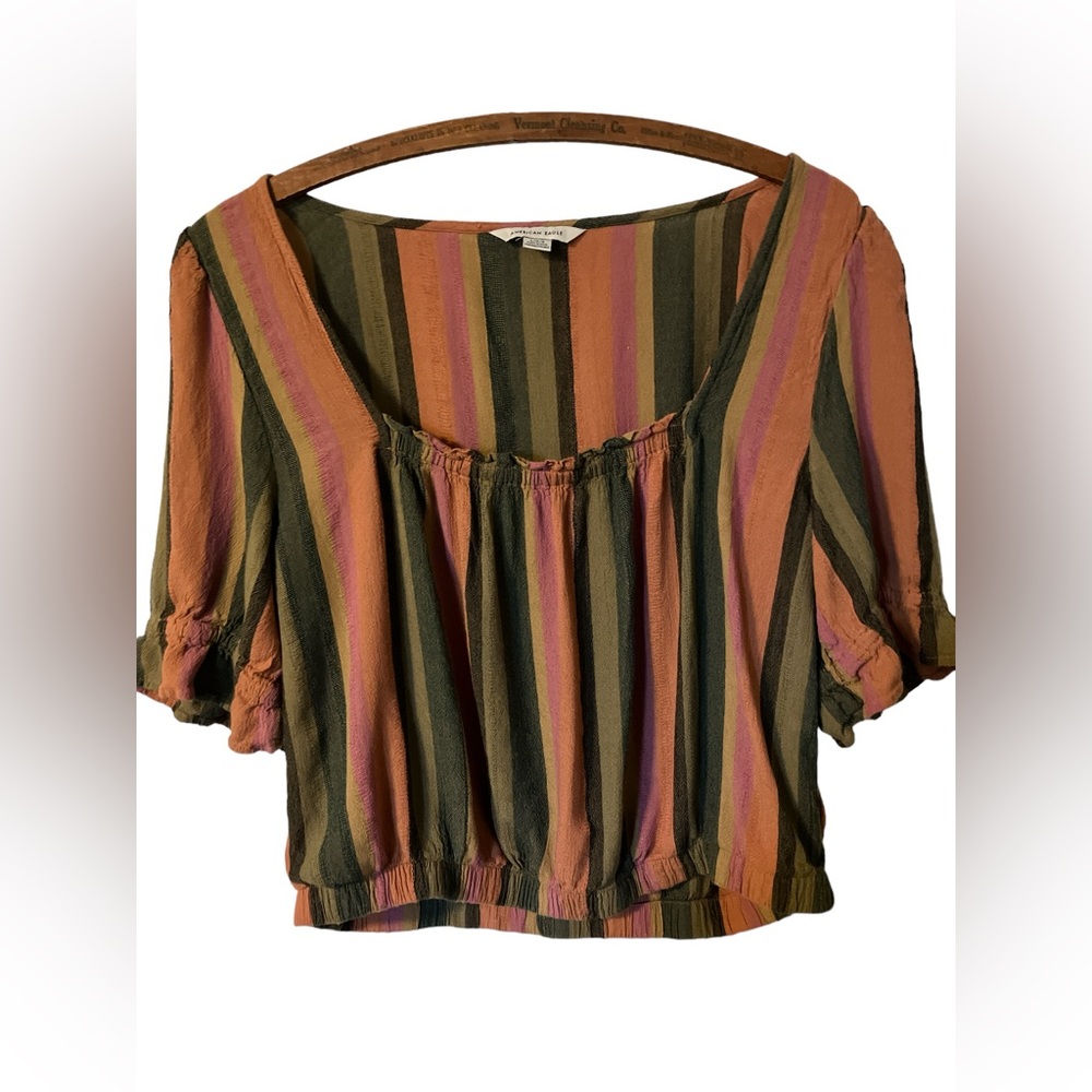 American Eagle Outfitters Striped Scoop Neck Crop Top in Olive, Rust, Mauve